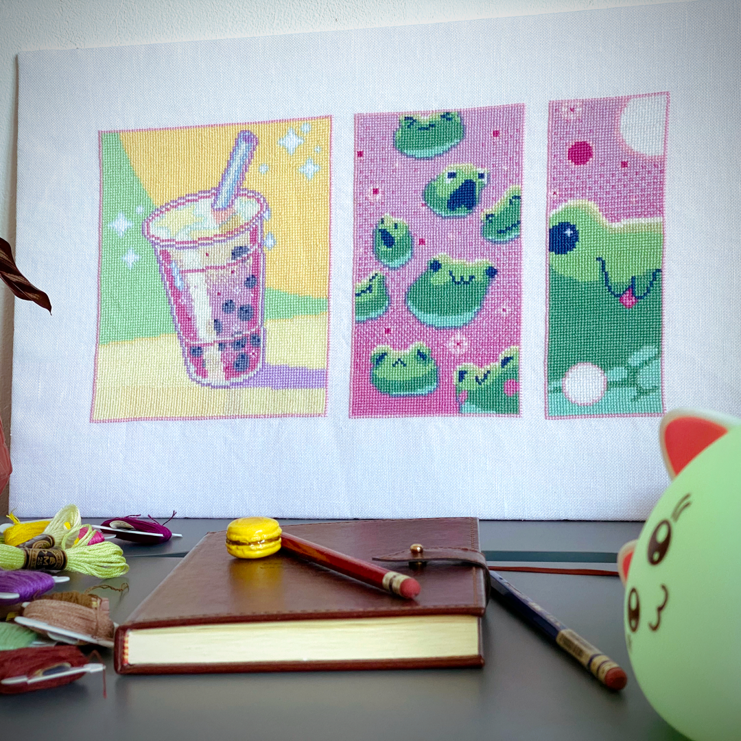 Bubble tea cross stitch pattern - Cute boba and frogs