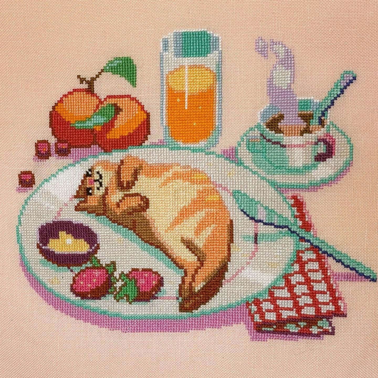 Summer breakfast cross stitch pattern - cute croissant cat