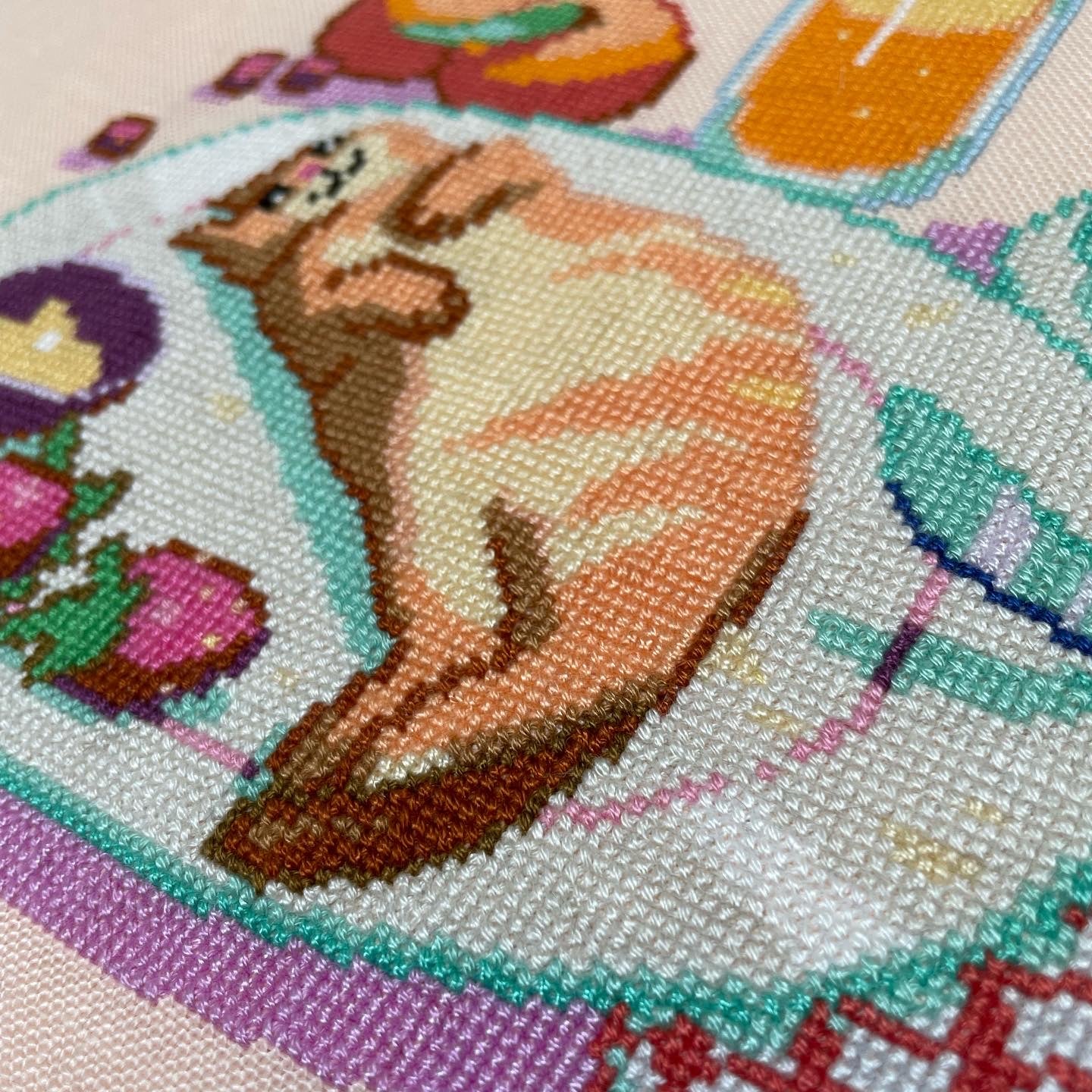 Summer breakfast cross stitch pattern - cute croissant cat