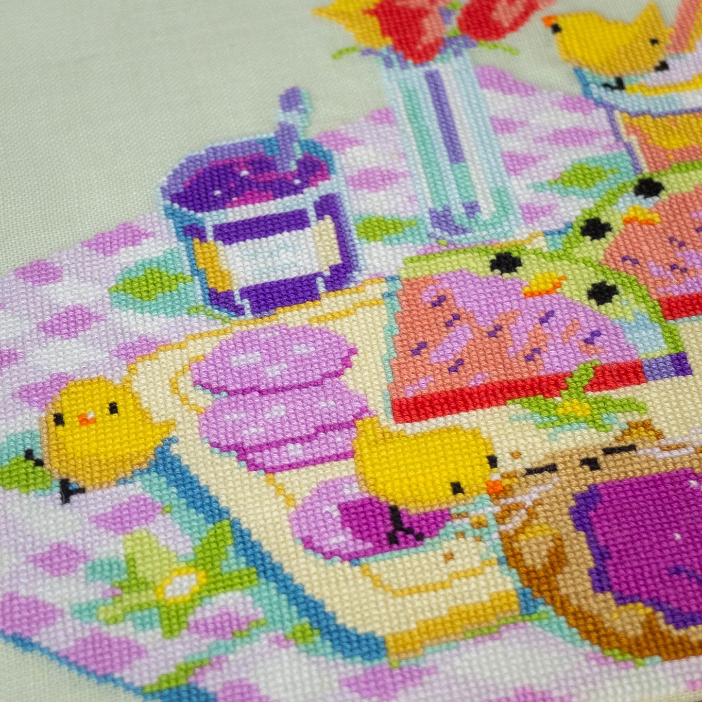 Spring picnic cross stitch pattern - cute baby chicks and toast