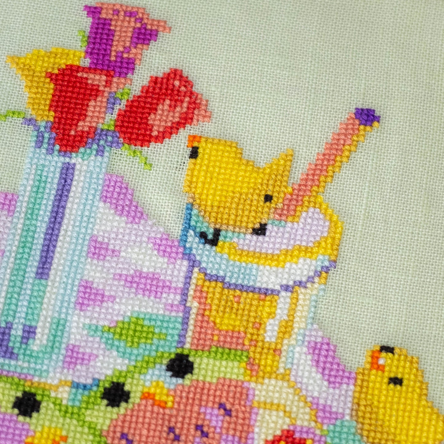 Spring picnic cross stitch pattern - cute baby chicks and toast