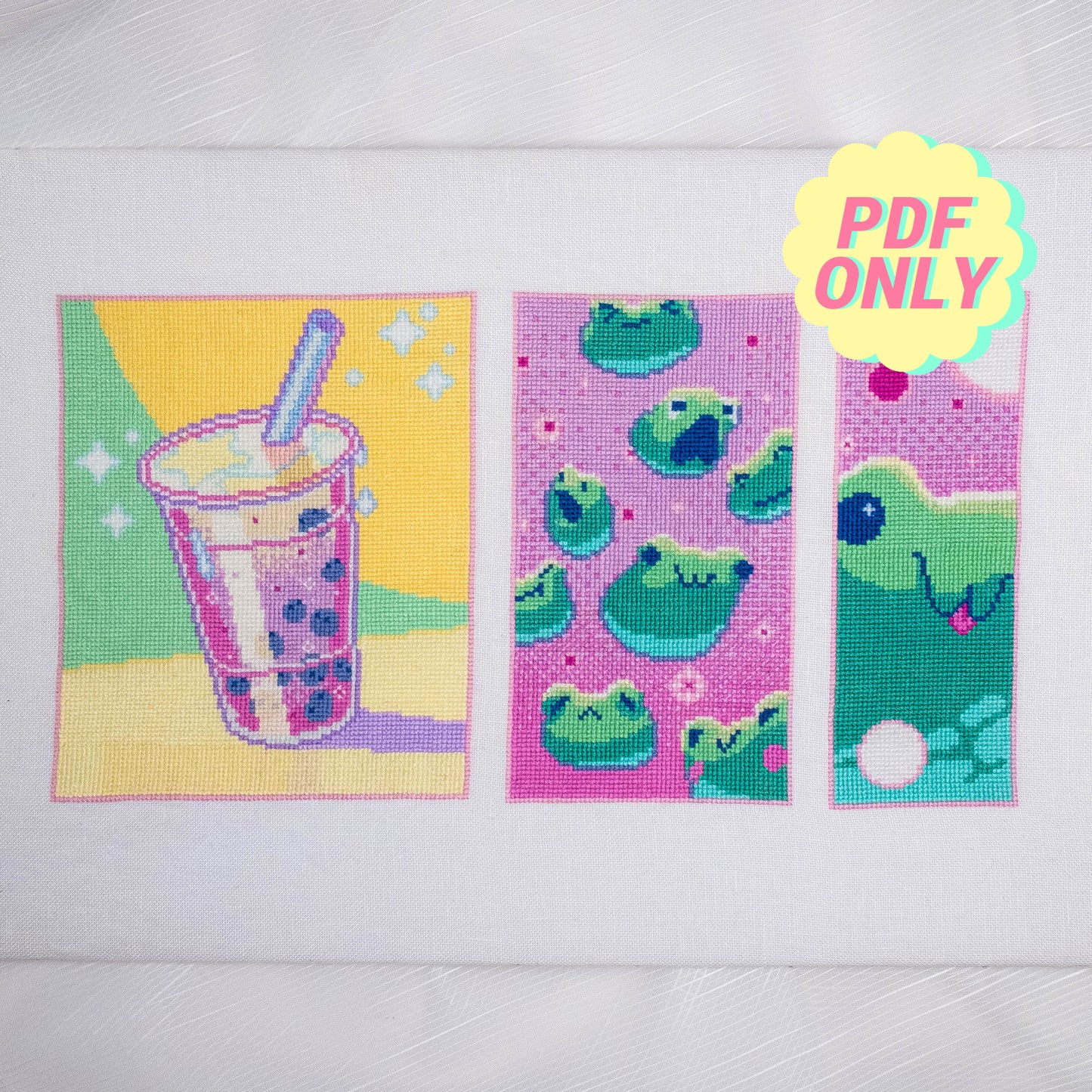 Bubble tea cross stitch pattern - Cute boba and frogs