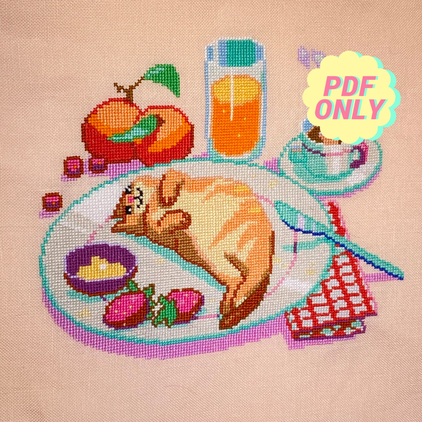 Summer breakfast cross stitch pattern - cute croissant cat