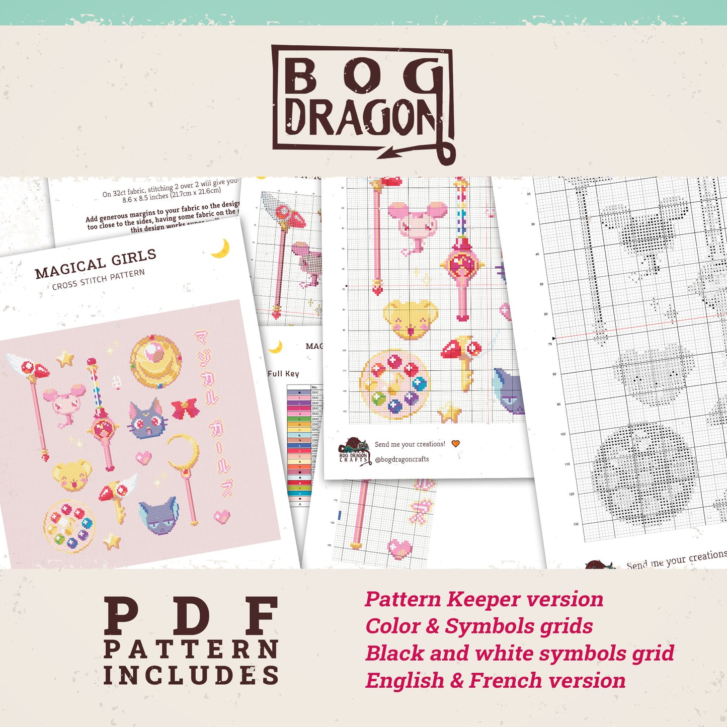 Magical girls cross-stitch pattern - Sailor Moon, Sakura and Doremi