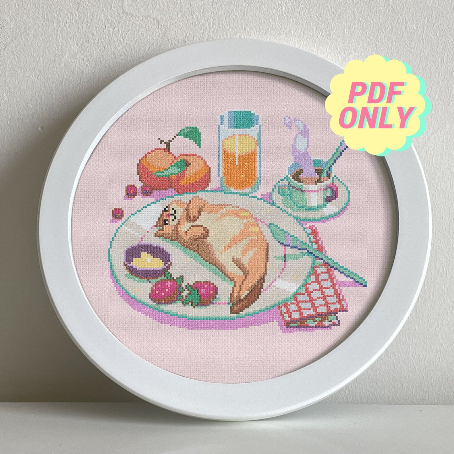 Summer breakfast cross stitch pattern - cute croissant cat