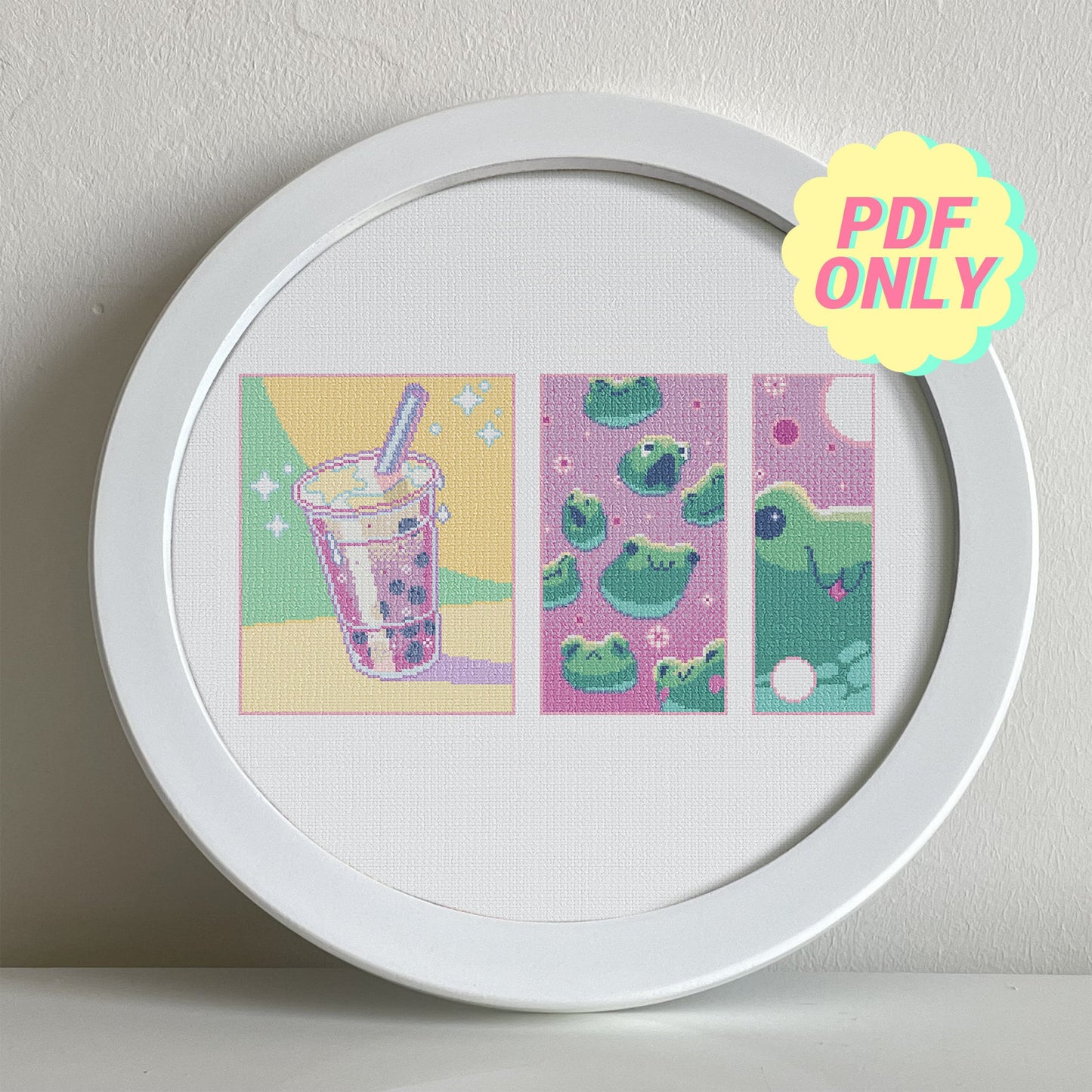 Bubble tea cross stitch pattern - Cute boba and frogs