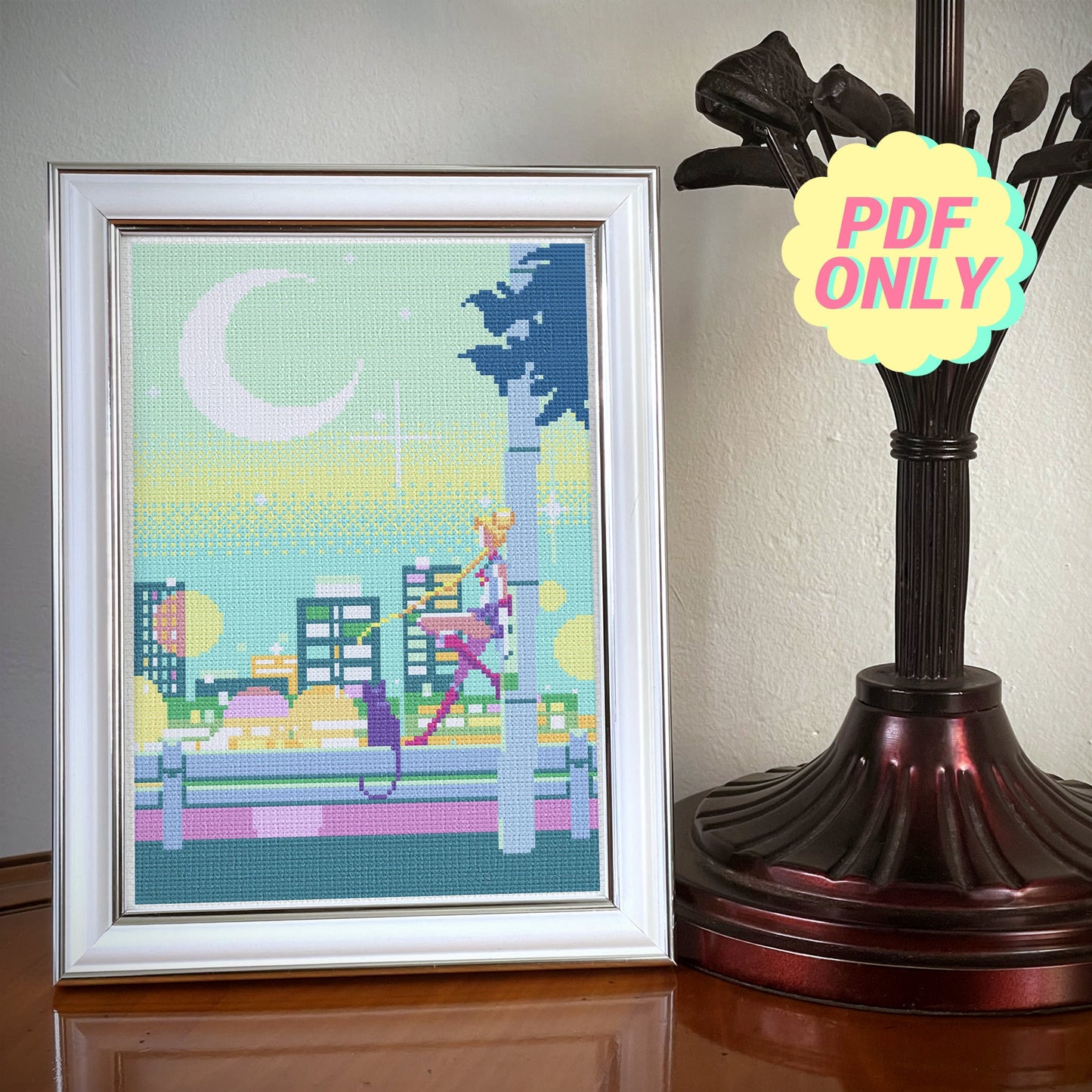 Sailor Moon cross stitch pattern - Usagi and Luna at night