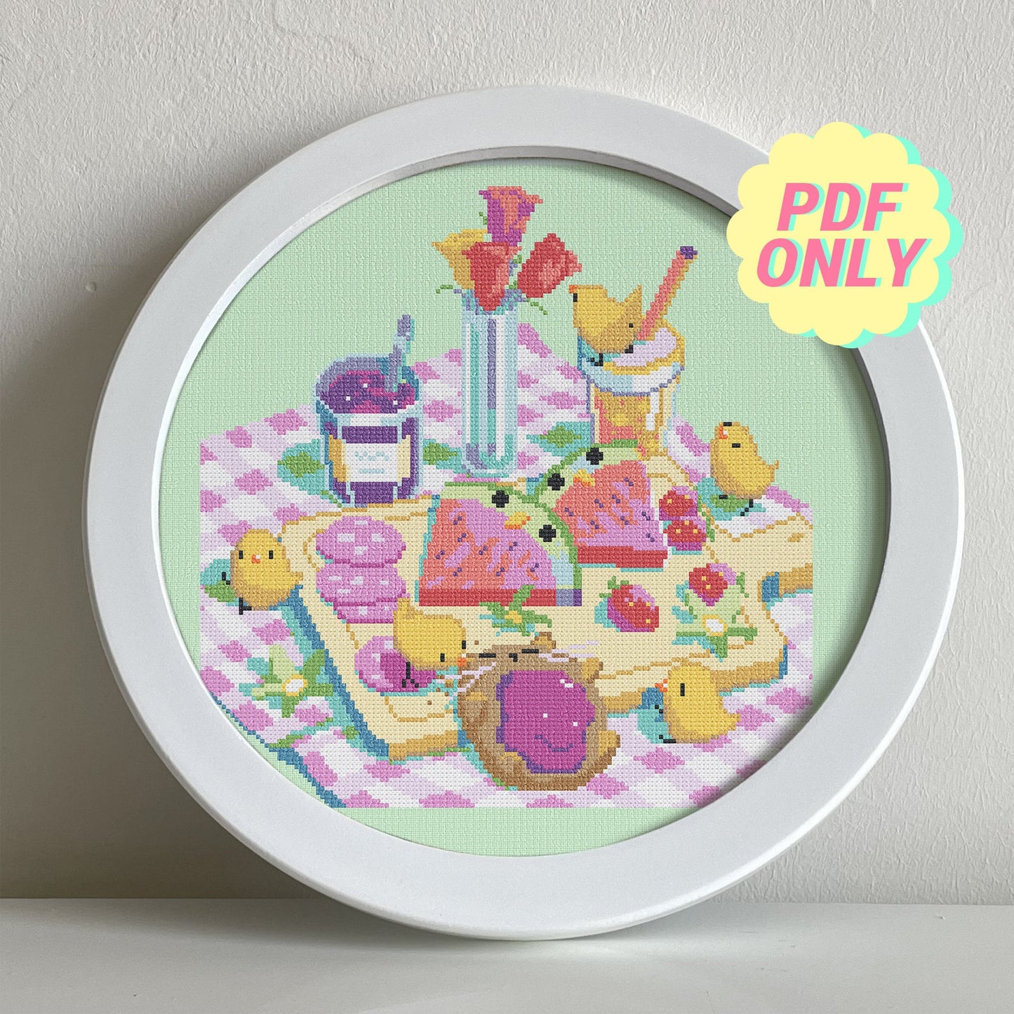 Spring picnic cross stitch pattern - cute baby chicks and toast