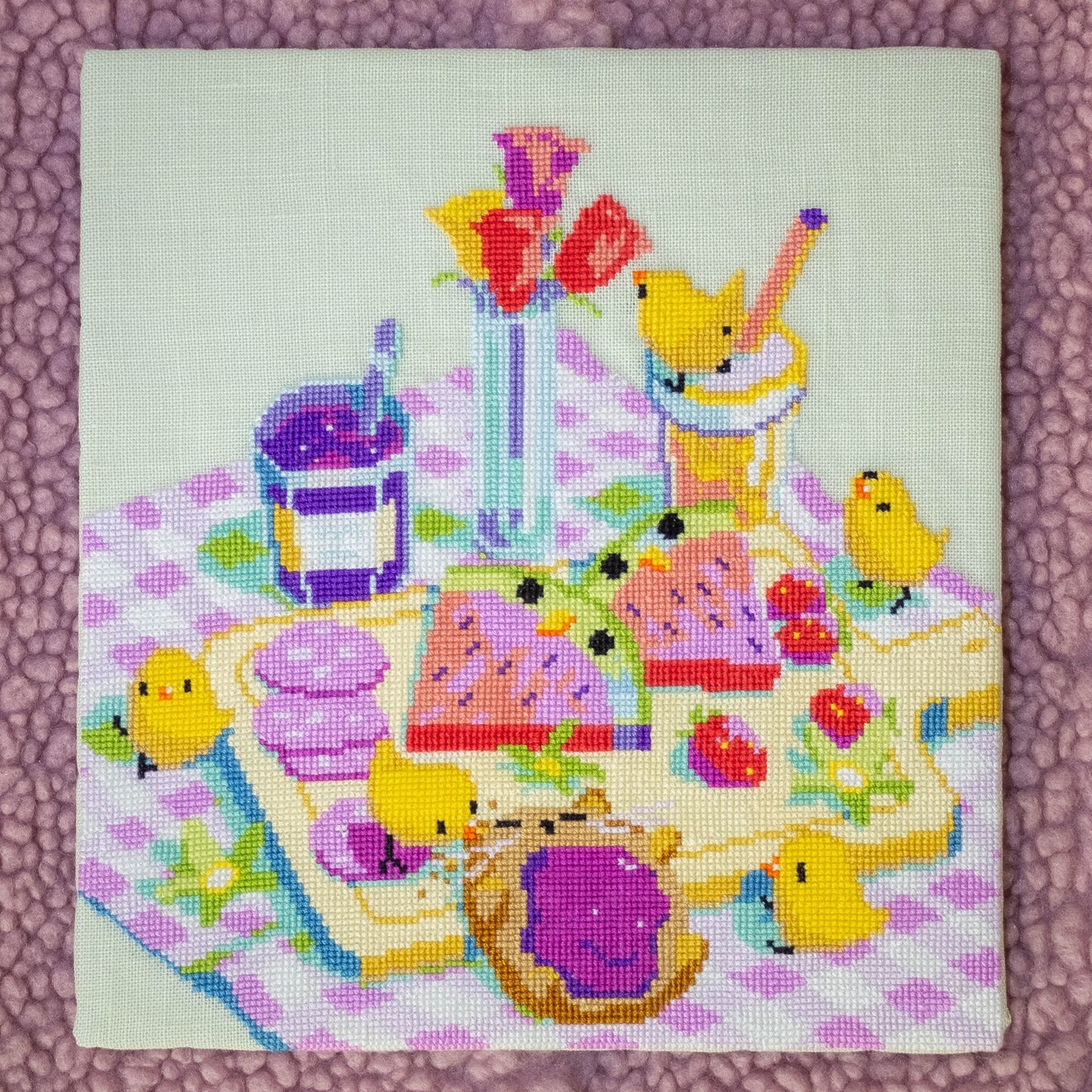 Spring picnic cross stitch pattern - cute baby chicks and toast