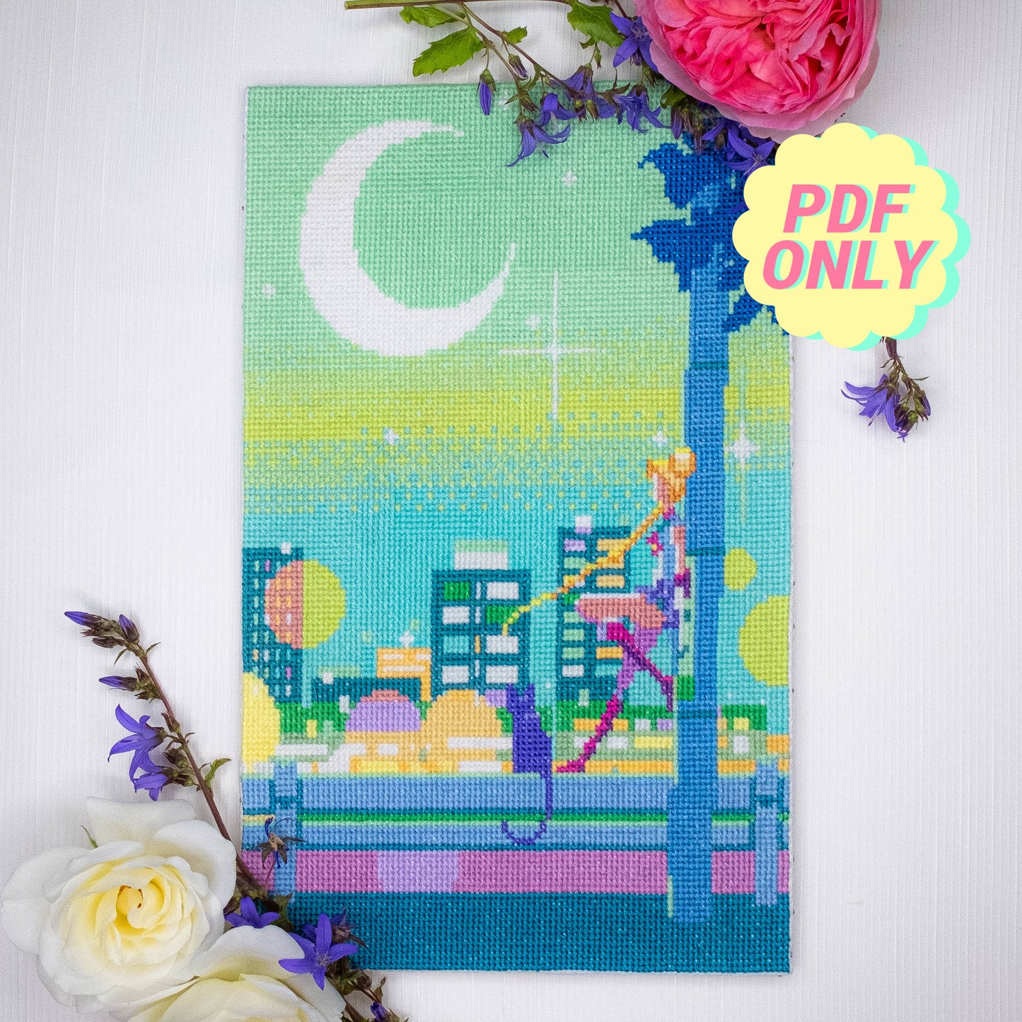 Sailor Moon cross stitch pattern - Usagi and Luna at night