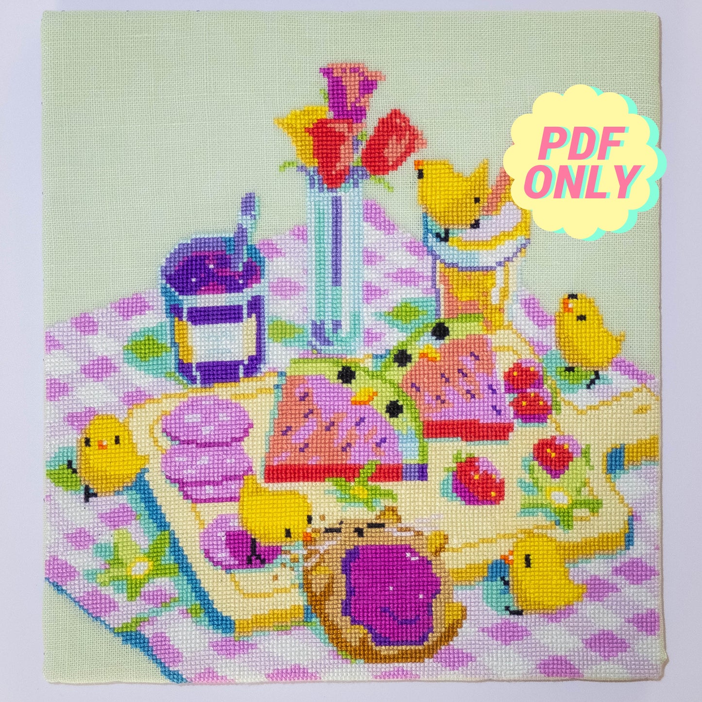 Spring picnic cross stitch pattern - cute baby chicks and toast