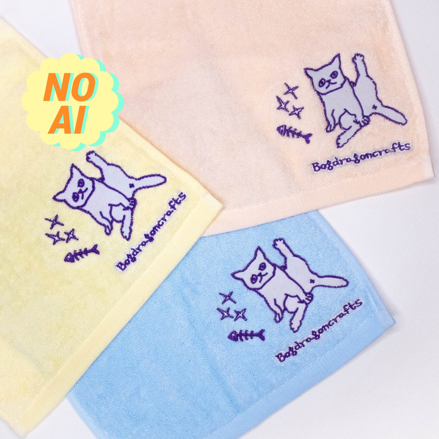 Serviette pour les mains en coton brodée chat