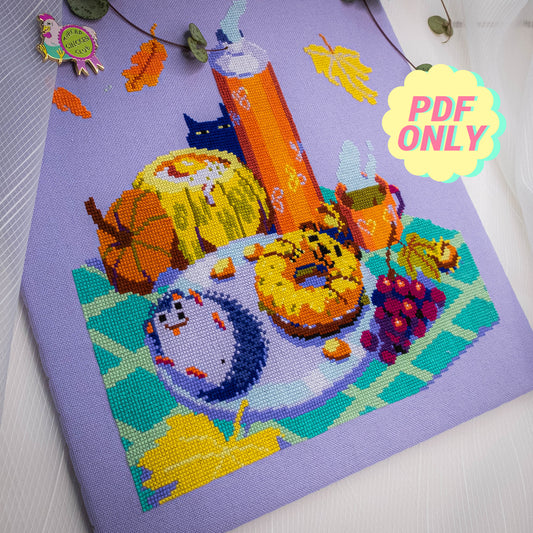Autumn Picnic Cross Stitch Pattern: Hedgehog & Cat (PDF Pattern)